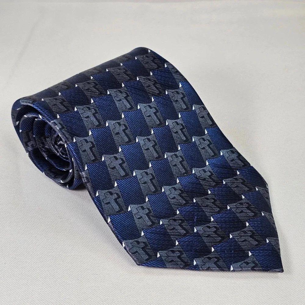 Eagles Wings Mens Silk Tie Navy Blue Grey Christian Cross Religious Geometric